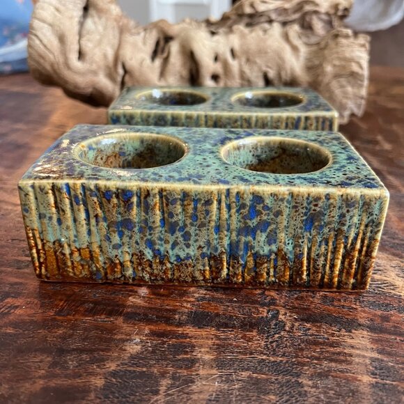 Two Vintage Pier 1 Ceramic Tea Light Candle Holders With Textured Blue Green & R - Picture 2 of 8
